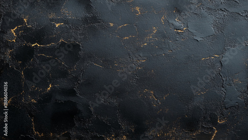 Black stone background. Dark stucco wall with golden effect. Textured surface for your design.