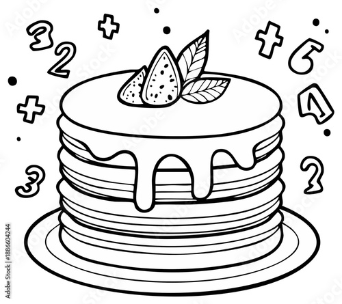 Hand drawn outline stack of pancakes with strawberries and mathematical symbols for coloring