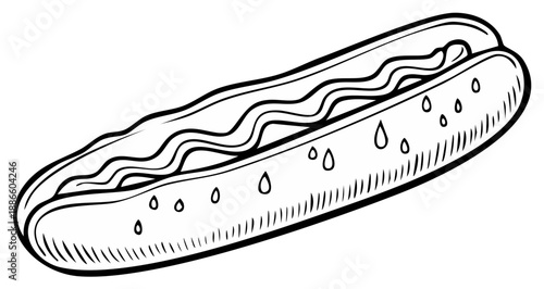 Line art hot dog with mustard, a classic American street food illustration.