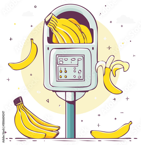 Cartoon illustration of a banana vending machine with bananas around