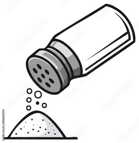 Salt shaker pouring granular seasoning onto a pile, simple illustration