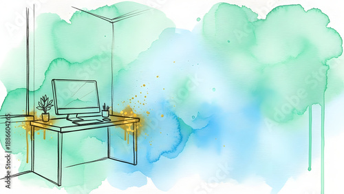 Modern workspace with computer and plant on desk in minimalist office