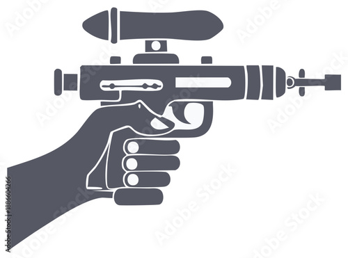 Hand holding a futuristic sci-fi ray gun with scope aiming forward