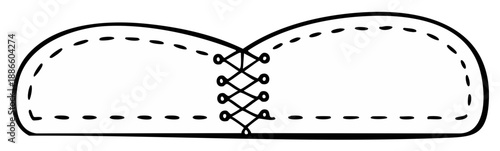 Abstract illustration of two connected shapes with stitch detail, black and white