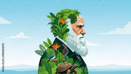 Charles darwin portrait with green foliage and wildlife illustrating evolution and nature