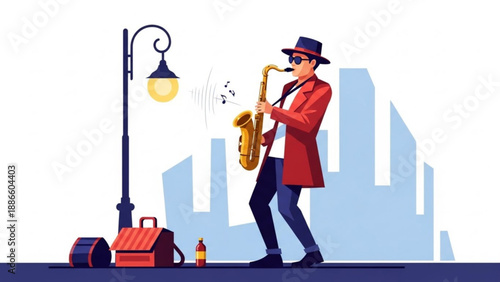 Man playing saxophone on city street jazz musician performing outdoors with cityscape background urban music concept illustration
