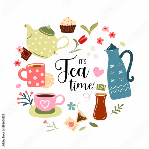 it's tea time square card, background, set of drawn elements, tea party, tea day, decoration, vector