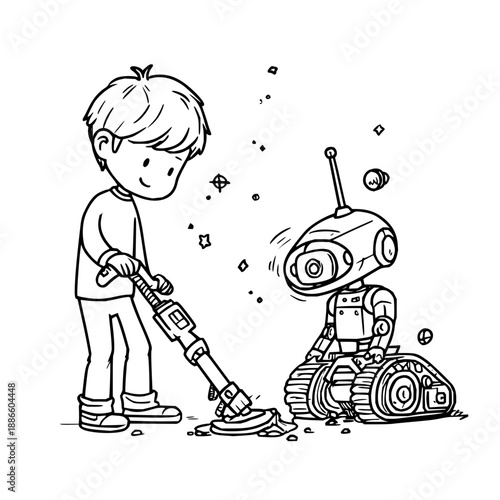 Boy vacuuming with robot on white background vacuum cleaning child illustration