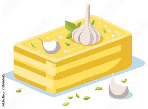 Isometric illustration of butter with garlic cloves and herbs for culinary or food concepts.