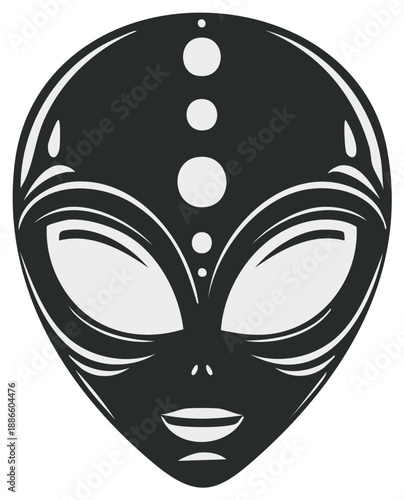 Stylized alien face with large almond eyes and three dots above forehead