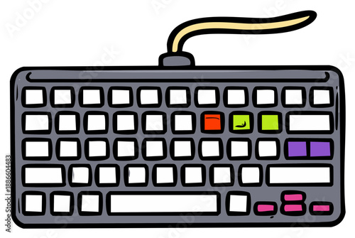 Cartoon style keyboard with black outline with colorful accents for home or office technology