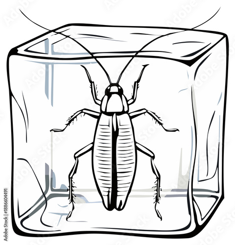 Detailed Outline Illustration of a Cockroach Encased in a Solid Ice Cube