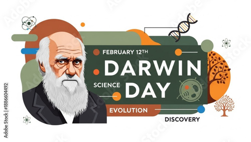 Charles darwin portrait on darwin day poster with evolution and science symbols around