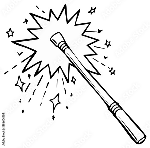 Hand drawn illustration of a magical wand emitting sparkles and starlight