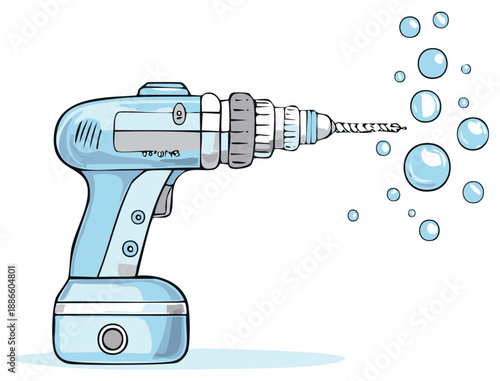 Cartoon illustration of a power drill blowing soap bubbles a fun creative concept