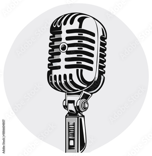 Retro microphone illustration, black and white design, for podcast and music
