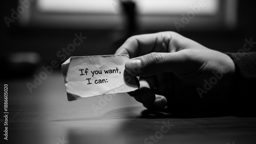 Hand holding crumpled paper with motivational message in dark room
