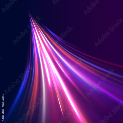 Abstract light waves in pink and blue tones flow smoothly through space. The scene represents digital connection, speed, and futuristic communication.