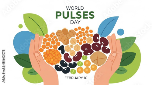 Hands holding various pulses on world pulses day february 10 surrounded by leaves and colorful graphics