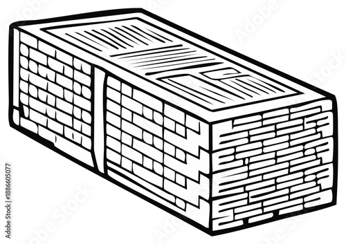 Black and white illustration of a bundle of newspapers or similar documents wrapped in a band ready for recycling.