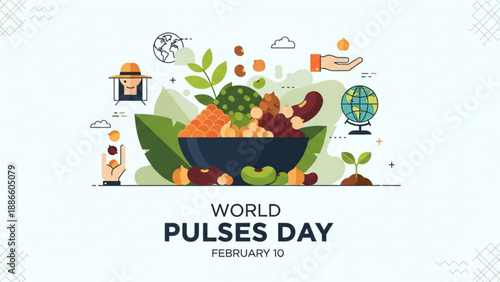 World pulses day poster with bowl of legumes and vegetables on green background celebrating nutrition and sustainability on february 10