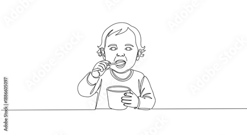 Line drawing of a child holding a spoon and a cup while eating in a simple indoor setting on a transparent background