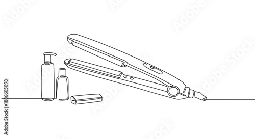 Line drawing of hair straightener and bottles of hair products on a transparent background