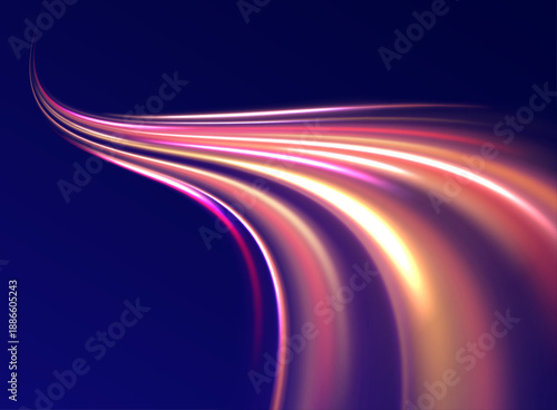 Futuristic abstract background with blue and purple neon light trails rushing forward. Dynamic motion suggests speed, data flow, and digital energy. Perfect for tech visuals.