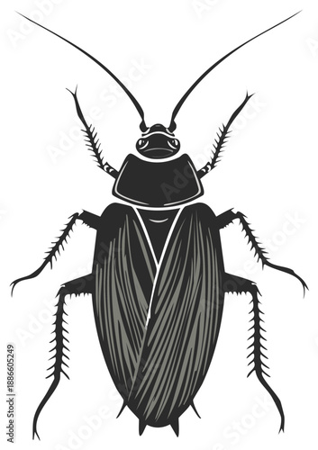 Detailed Black Silhouette of a Cockroach Insect with Prominent Antennae and Legs