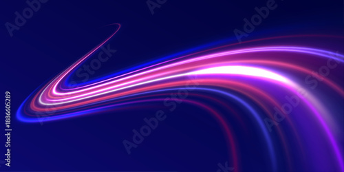 Radiant blue and violet beams form an abstract technology tunnel. The composition evokes acceleration, data transfer, and digital transformation.