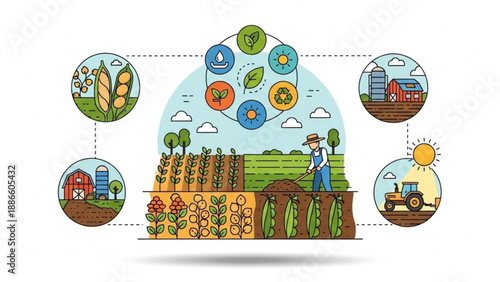 Farmer standing in agricultural field with crop stages and farm elements illustrated around symbolizing sustainable farming practices and agricultural cycle