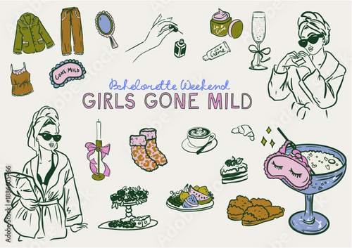 Set of hand drawn Girls Gone Mild Bachelorette Weekend doodle icons, Hen Party self care and pampering illustrations