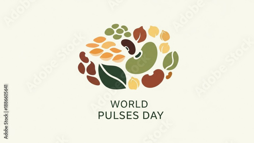 World pulses day logo with colorful bean and legume shapes on cream background celebrating sustainable food