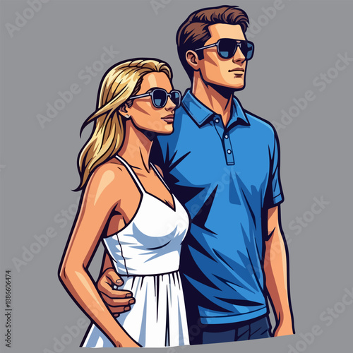 Stylish Couple in Sunglasses Looking Forward