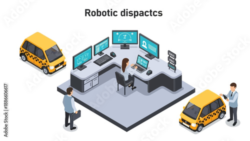 Robotic dispatch system managing urban taxi services with advanced technology.
