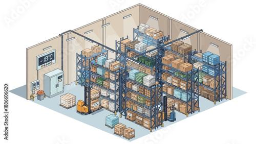 Isometric illustration of a cold storage warehouse with shelves, boxes, and forklifts.