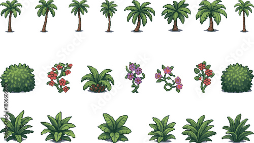 Collection of varied pixel art tropical plants, bushes, and vibrant flowers for game environments