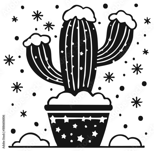 Festive Cactus Plant in a Snowy Pot Celebrates the Winter Season in Monochrome Simplicity, Surrounded by Sparkling Snowflakes