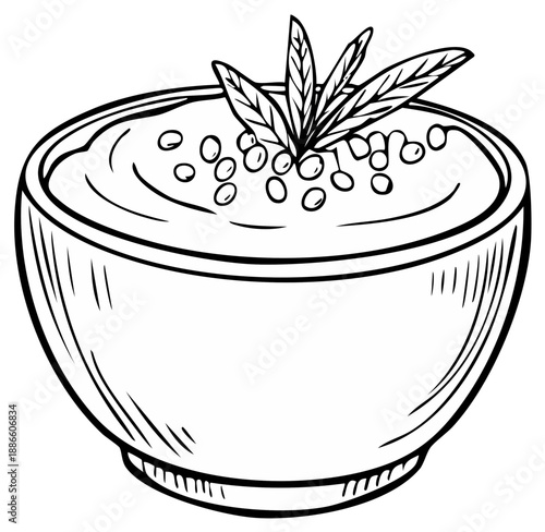 Delicious hummus bowl vector illustration featuring chickpea spread, oil droplets, and herb leaf decoration.