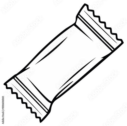 Simple black and white line art illustration of a sealed candy bar or snack wrapper
