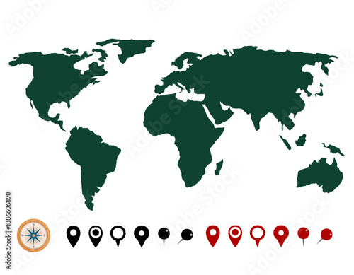 世界地図のベクターシルエットとマップピン。グローバルネットワークと拠点を象徴する地図素材