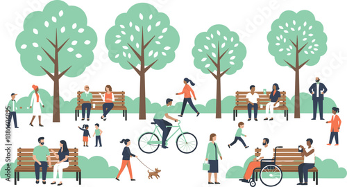 Colorful city park illustration showing diverse people relaxing walking cycling socializing families seniors children outdoors nature community lifestyle leisure urban