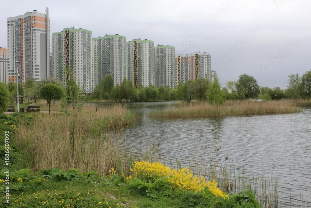 Obraz premium Modern skyscrapers near a park with a lake, lifestyle concept