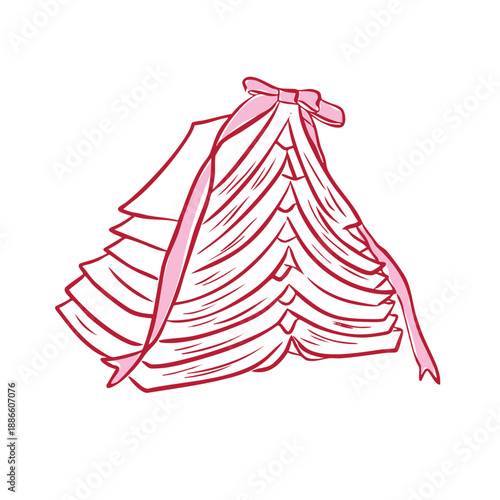 Handrawn stack of books with ribbon. Sketch book and ribbon with coquette style