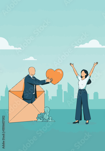 Man in envelope delivering a glowing heart to a happy, appreciative woman