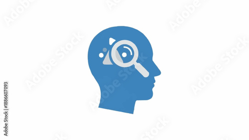 Blue head with magnifying glass inside.