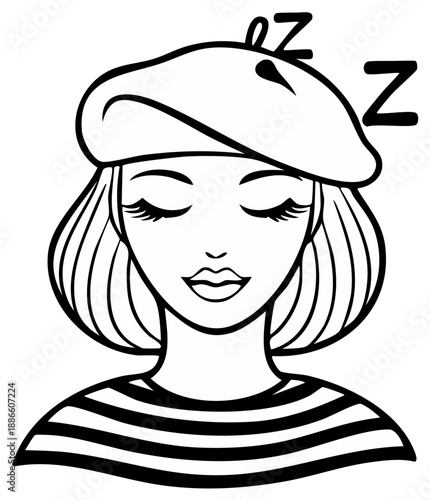 Sleeping Woman in Beret Line Art Illustration with Closed Eyes Black and White Vector