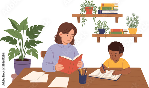Mother helping child study at home, homeschooling education illustration showing parent tutoring kid reading writing learning cozy interior family lifestyle