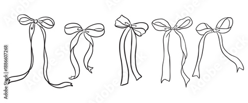 Set of cute bow clip art collection. Hand drawn coquette bow style line art