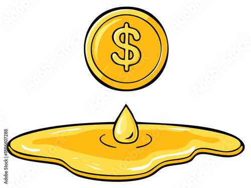 Cartoon style golden coin dropping into a golden liquid puddle illustration on white background